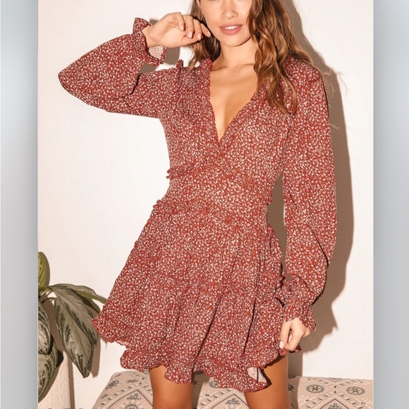 NWT Lulu's Admire You Rust Floral Print Ruffled Long Sleeve Dress L - Picture 3 of 14